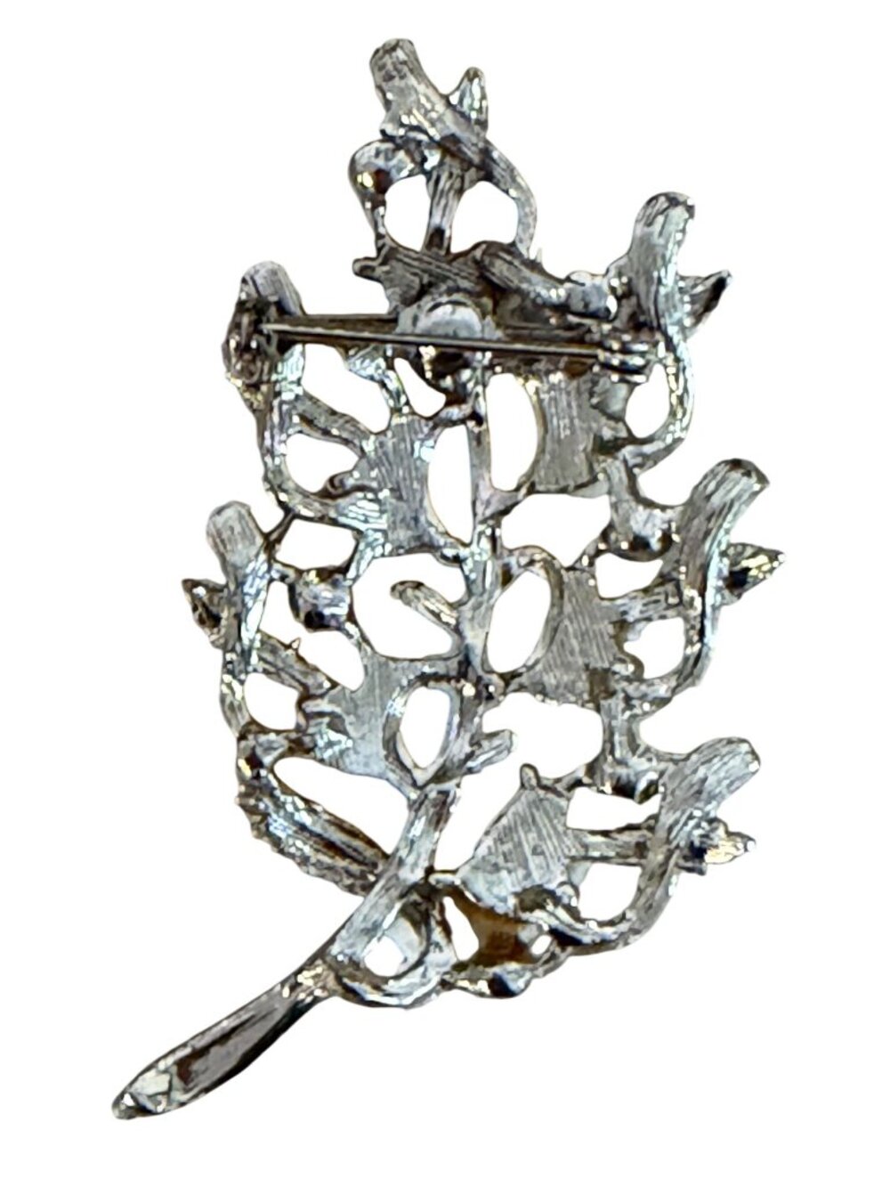 Vintage Celluloid White Rose Floral Spray Brooch Silver Tone Rhinestone 1950s - Picture 2 of 11